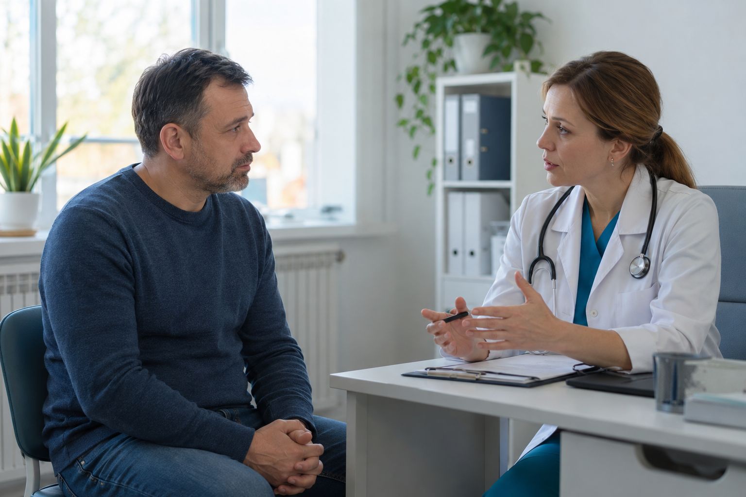 Капельница с физраствором — мужчина беседует с врачом
